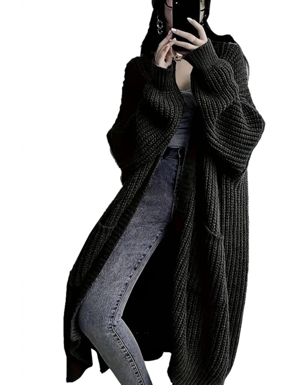 Women's Black Long Cardigan Sweaters Chunky Knit Open Front Pockets Duster Coats